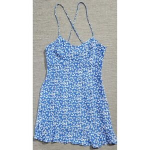 Zara Blue White Floral Mini Dress Strappy Criss Cross Back Ruffle Hem Size M